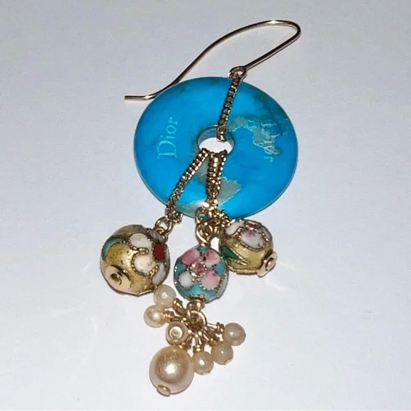 AUTH VTG 2006 Christian Dior Gold Hook Drop Dangle Blue Gemstone Boho Earrings - Picture 7 of 11